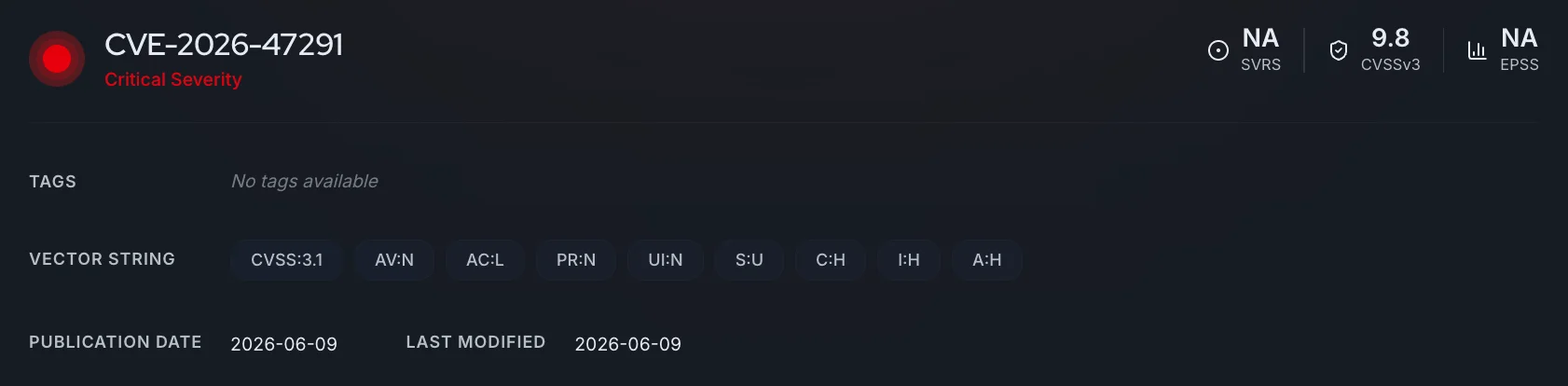 Vulnerability card for CVE-2026-47291 (SOCRadar Free Tools, CVE Radar)