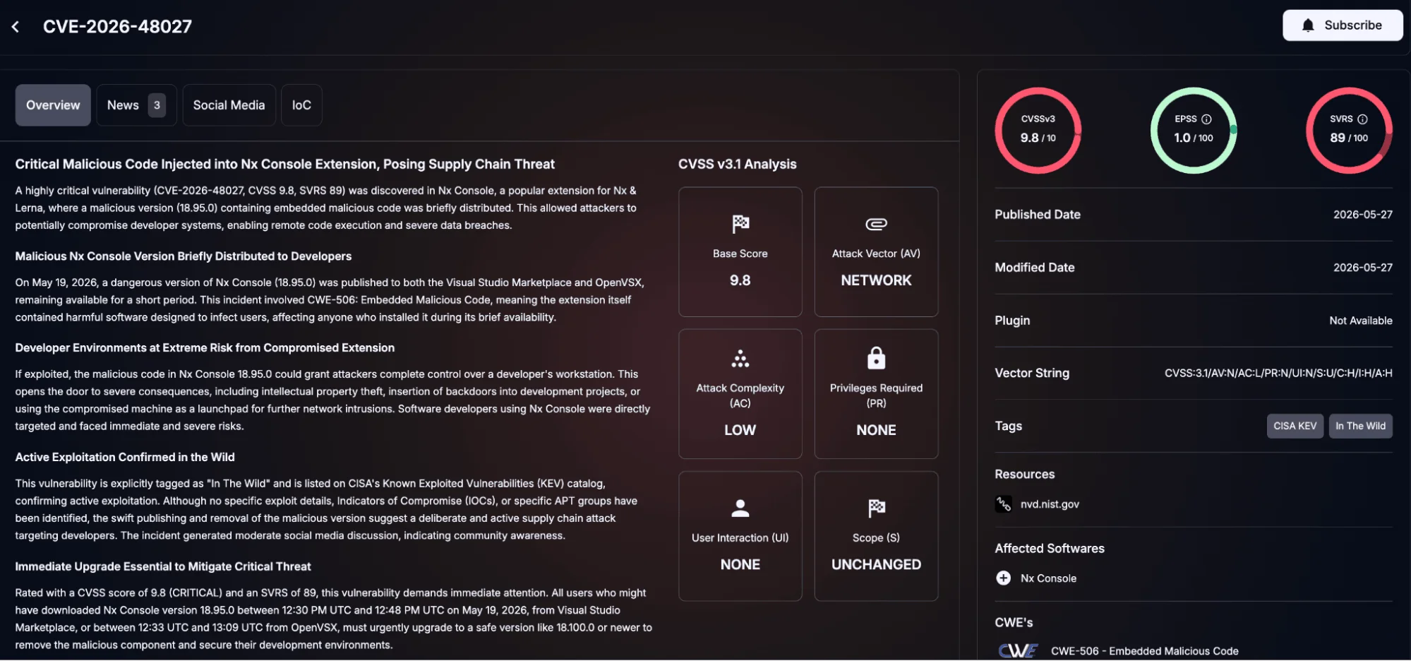 Details of CVE-2026-48027 (SOCRadar Vulnerability Intelligence)