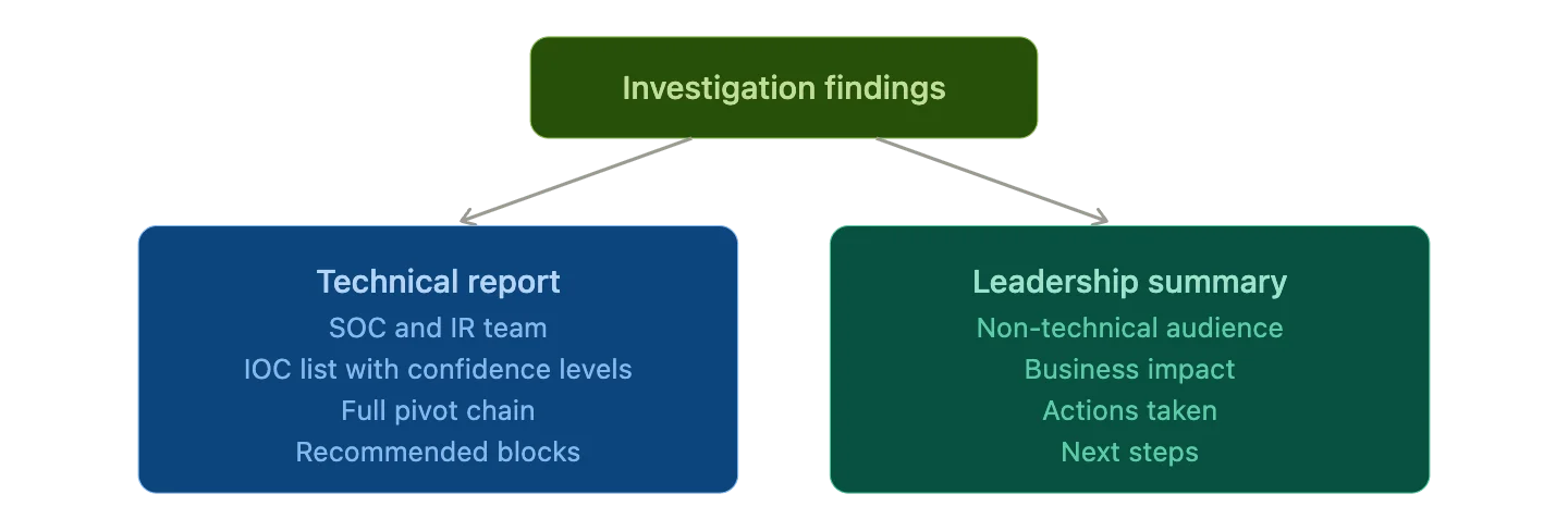 Structure your output for two audiences: the team that blocks the threat, and the team that makes the call.