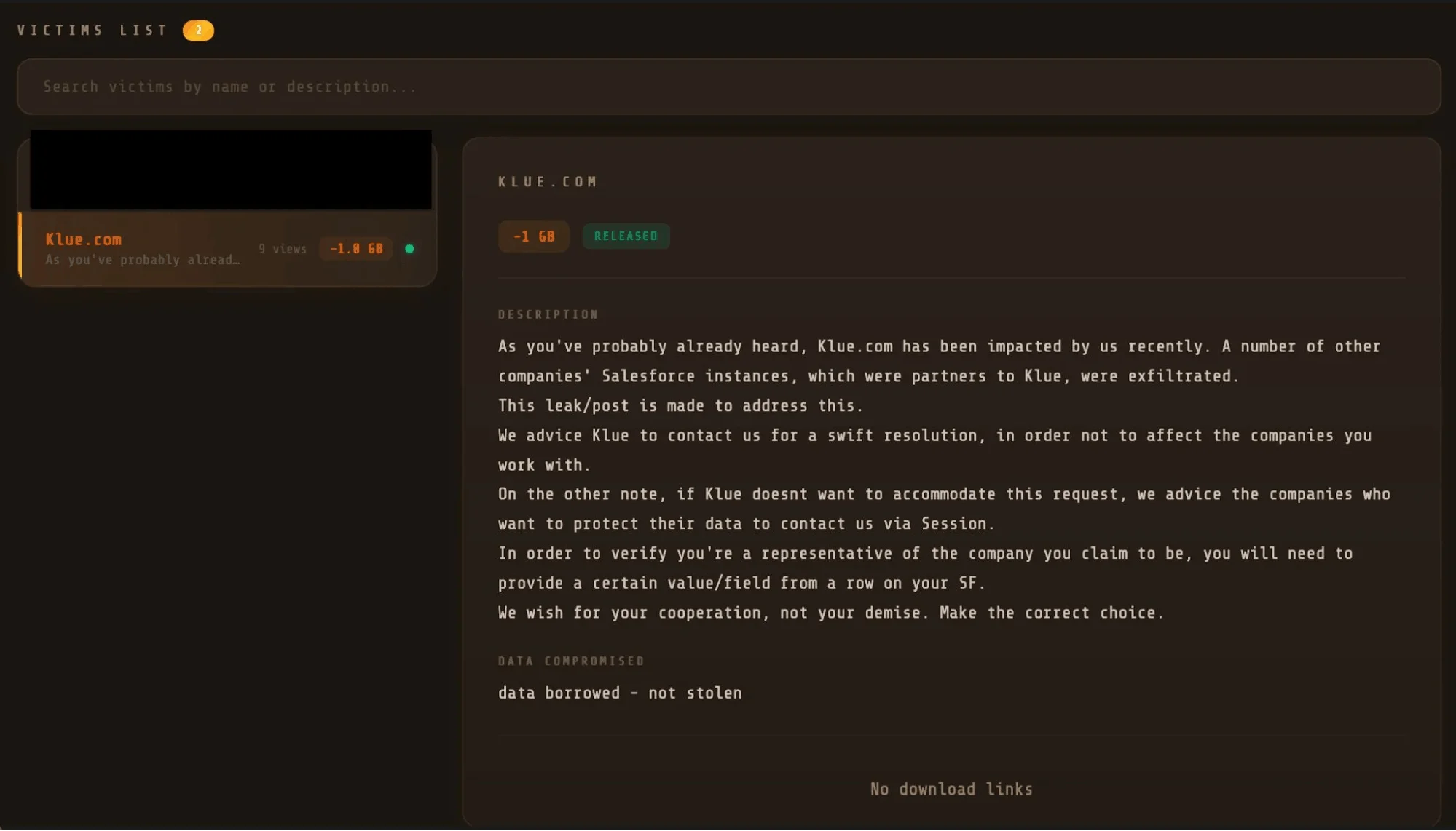 Listing of the Klue breach on Icarus leak site (Huntress)