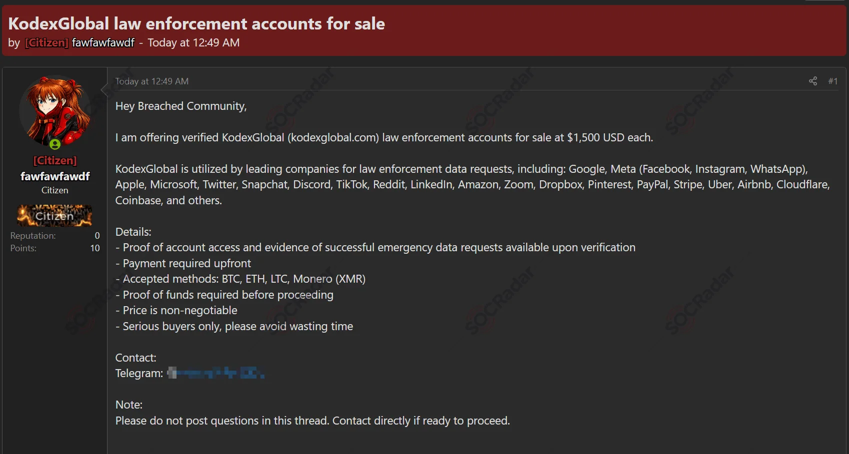 Alleged KodexGlobal Law Enforcement Accounts are Offered for Sale