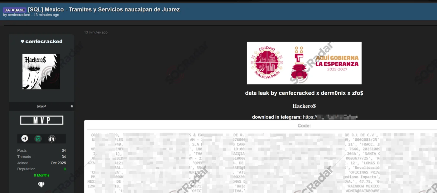 Alleged Naucalpan de Juarez SQL Database Leak is Detected