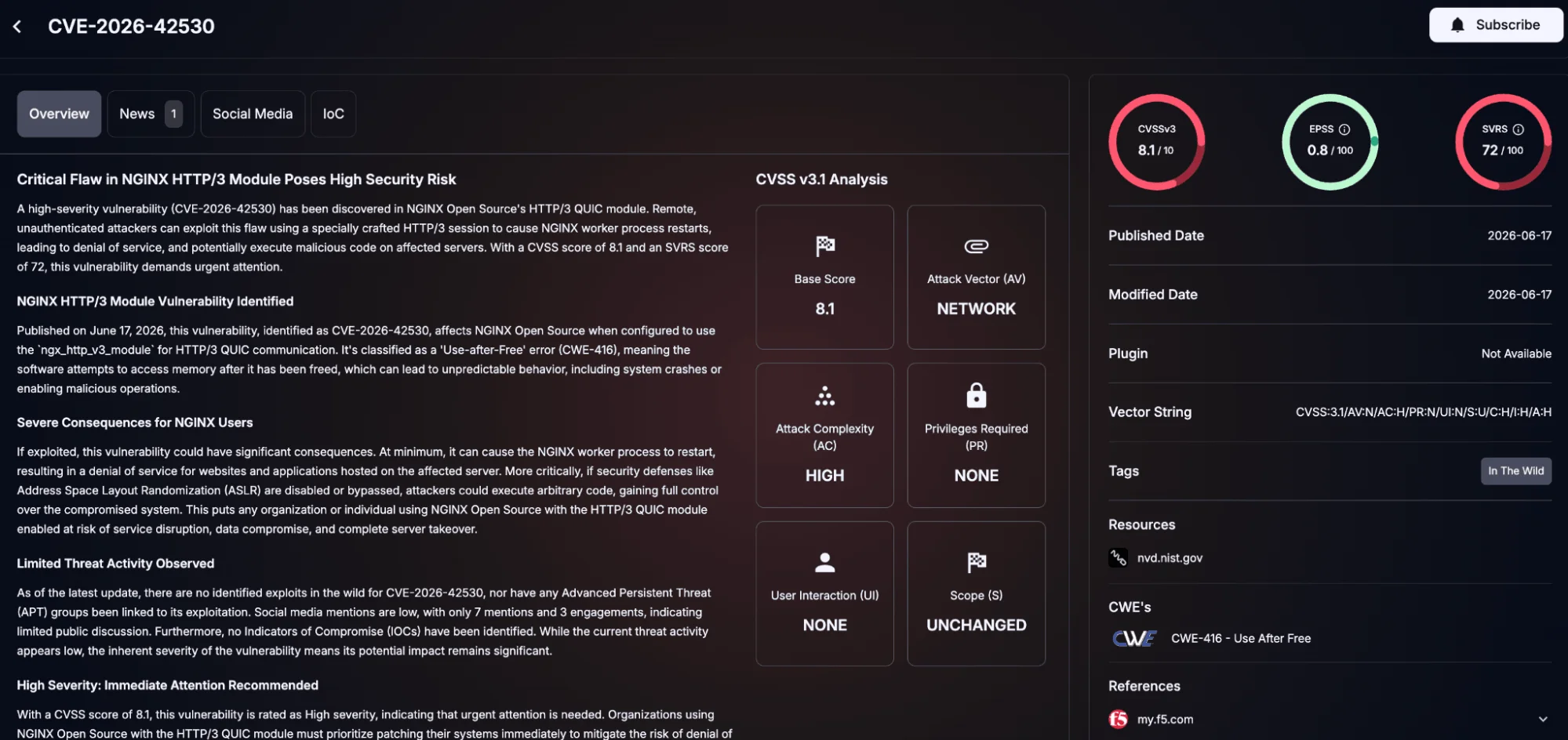 Details of CVE-2026-42530, nginx-quicburst (SOCRadar Vulnerability Intelligence)
