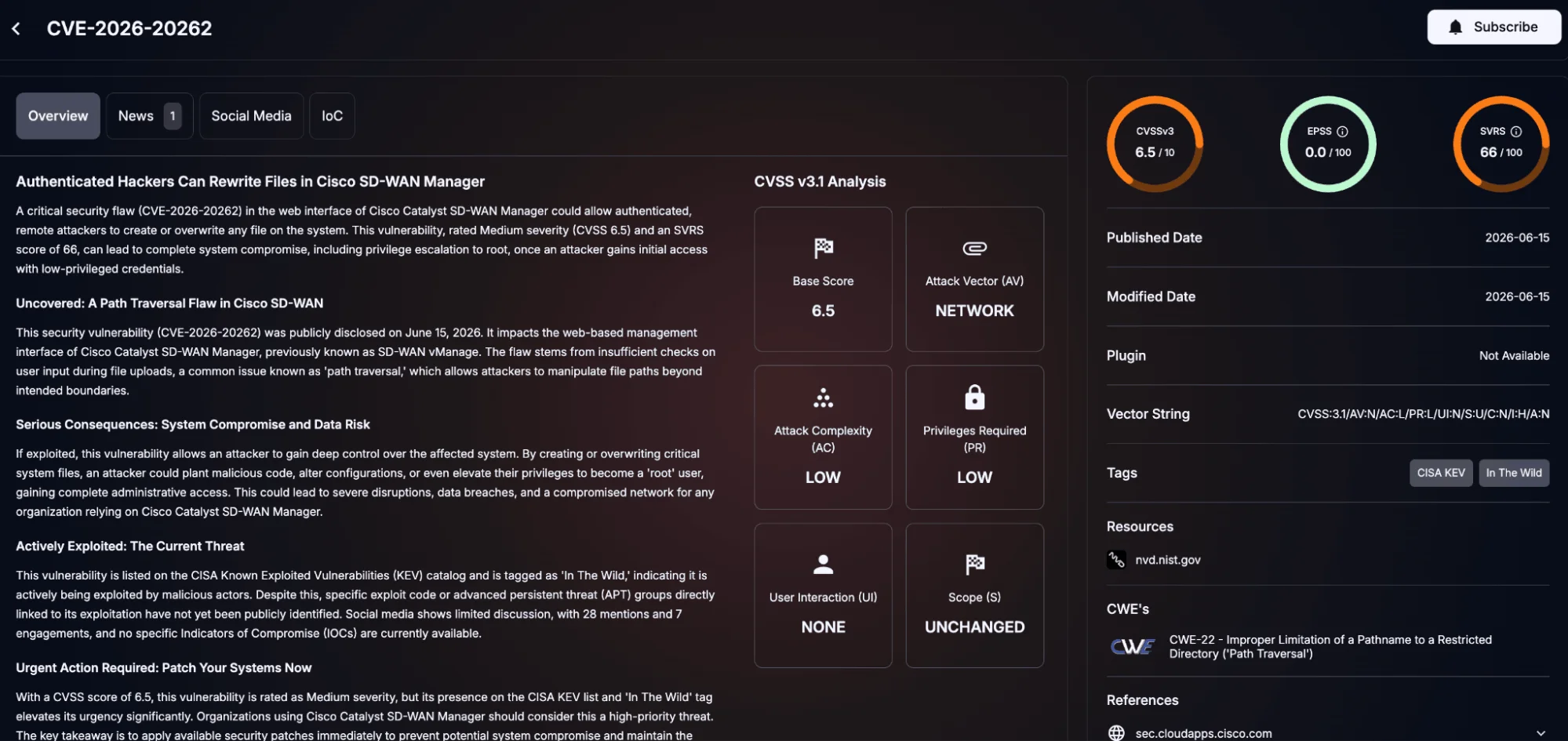 Details of CVE-2026-20262 (SOCRadar Vulnerability Intelligence)