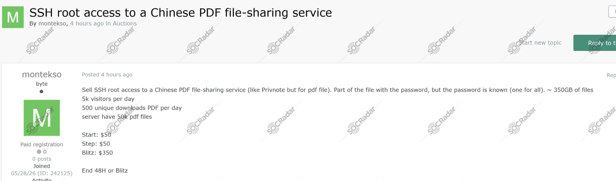Alleged SSH Root Access to a Chinese PDF File-Sharing Service is Auctioned