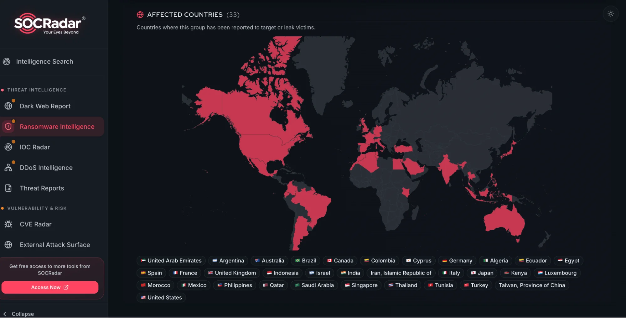 Affected Countries by Tengu Ransomware, Ransomware Intelligence Dashboard (SOCRadar Free Tools)