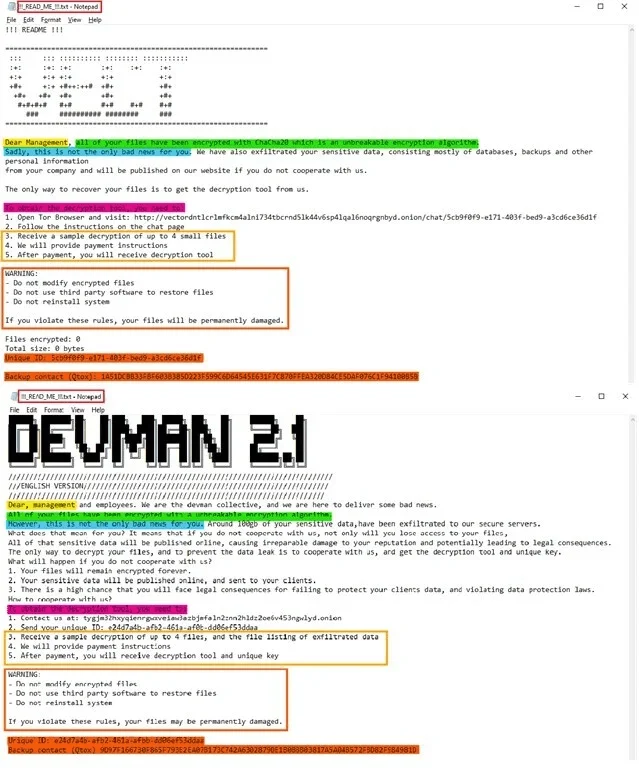 Vect and Devman ransomware notes (Source: LevelBlue)