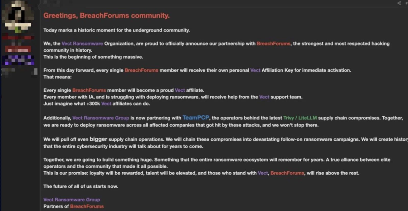 BreachForums post from Vect Ransomware Group announcing a formal partnership with TeamPCP and plans to deploy ransomware across organizations compromised in the Trivy and LiteLLM supply chain attacks.