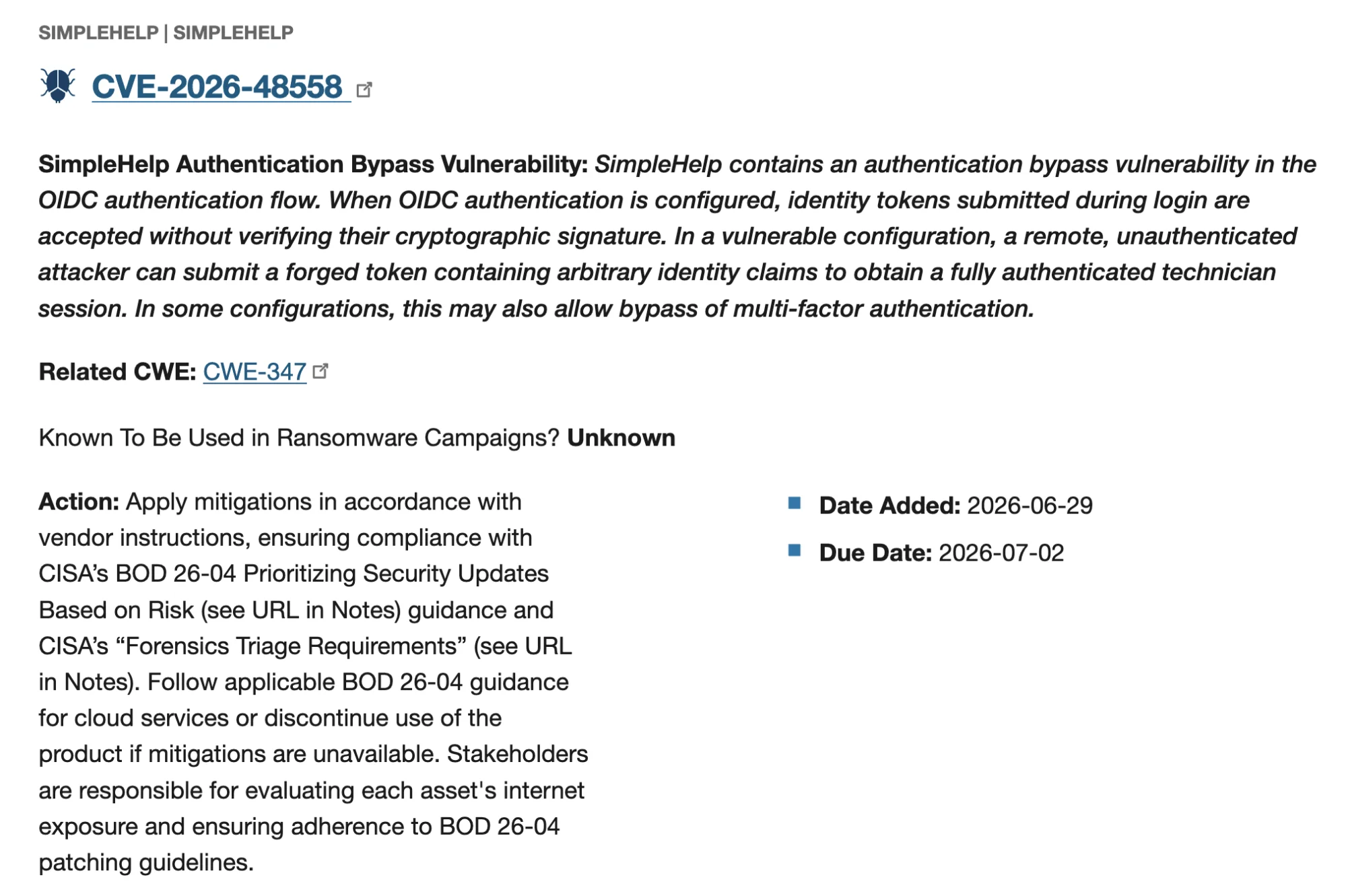 CISA KEV addition for CVE-2026-48558 in SimpleHelp