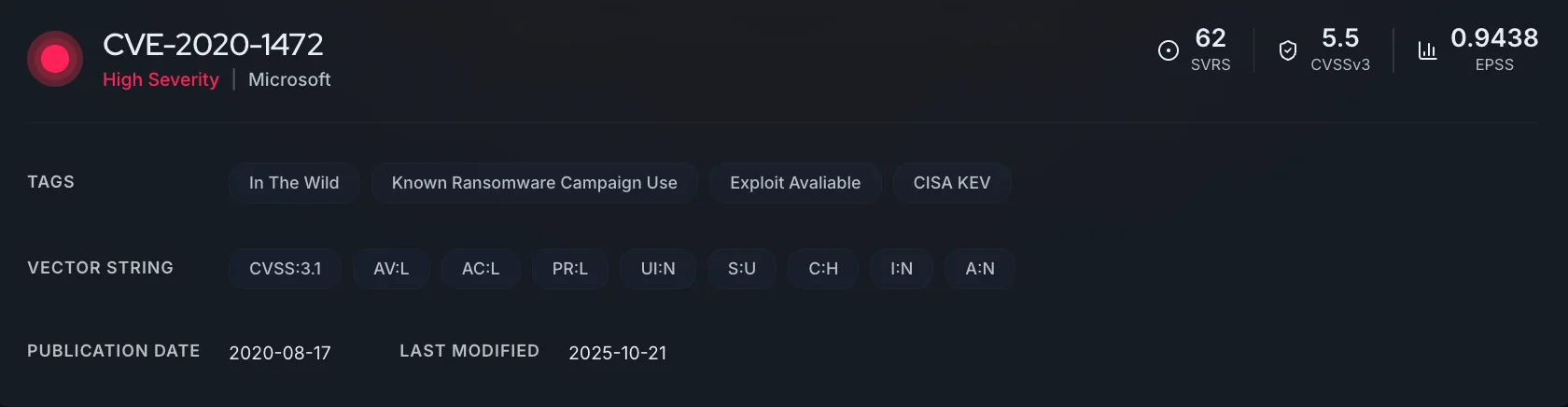 CVE-2020-1472 vulnerability card on CVE Radar (SOCRadar Free Tools)