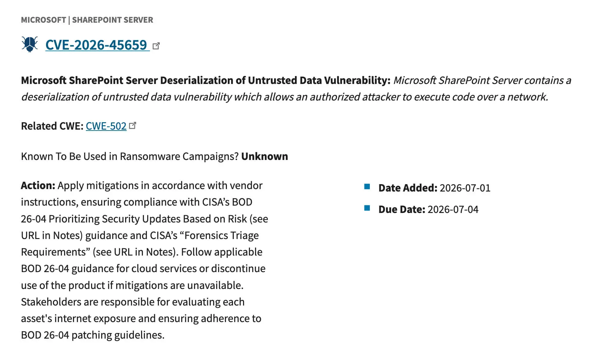 CISA’s listing for CVE-2026-45659