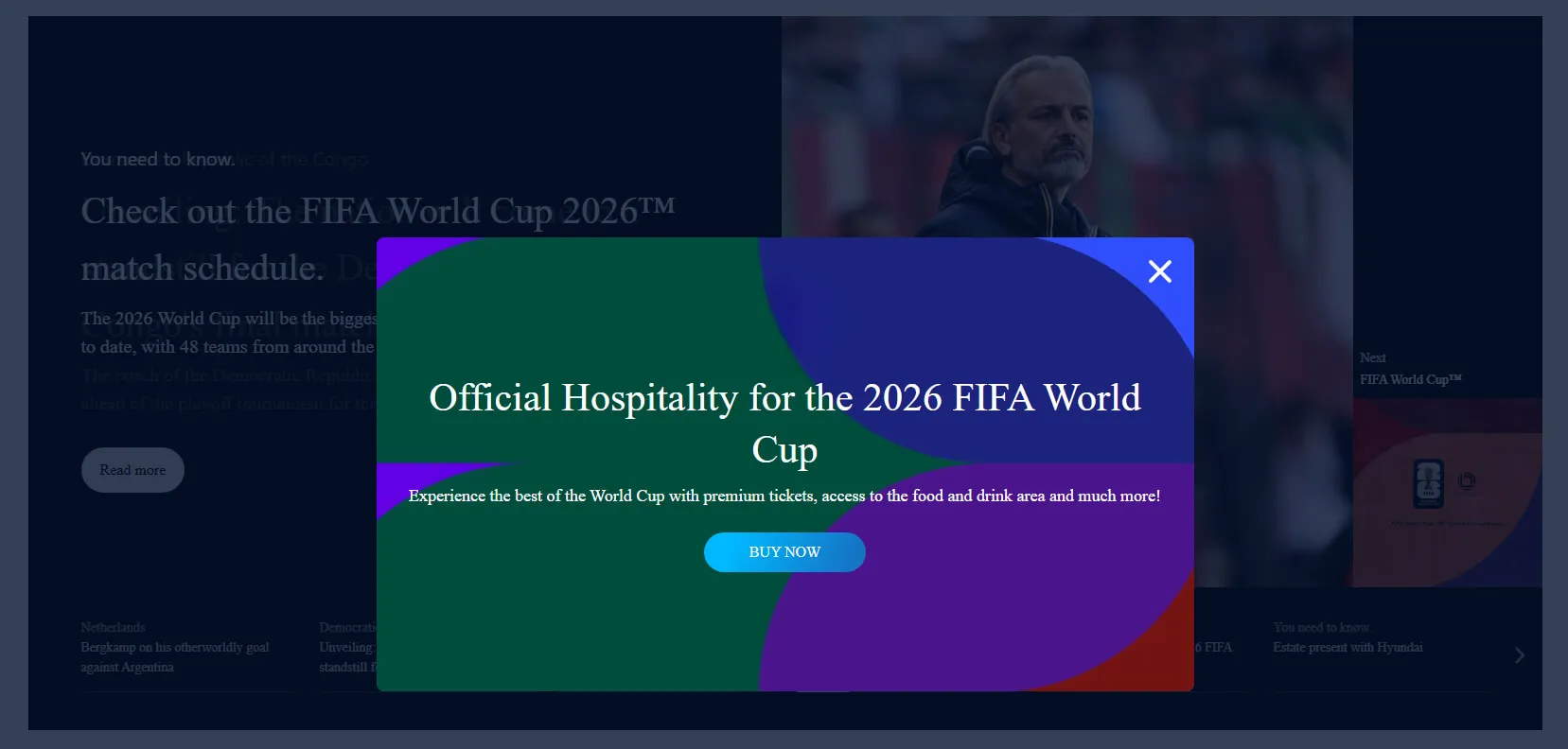 Figure 10. Cloned FIFA portal reproducing the official website page by page, including the hospitality promotion overlay.