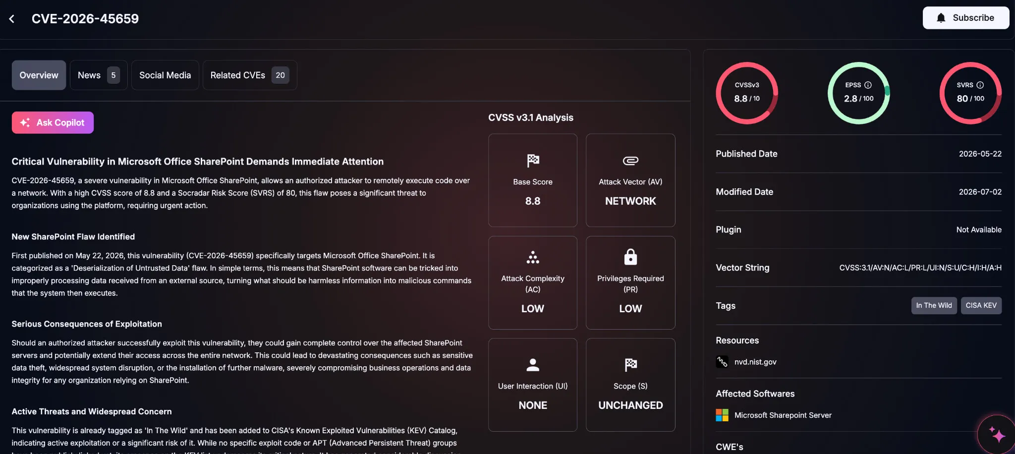Details of CVE-2026-45659 (SOCRadar Vulnerability Intelligence)