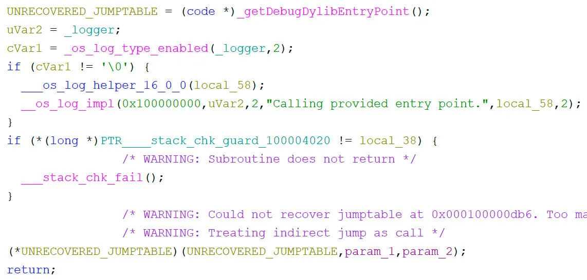 DebugDylib entry point execution in decompiler view of CodeFixerNow