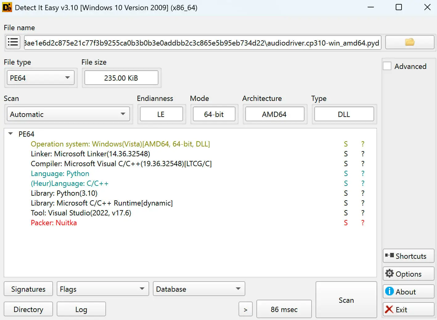 Detect It Easy analysis of audiodriver.cp310-win_amd64.pyd