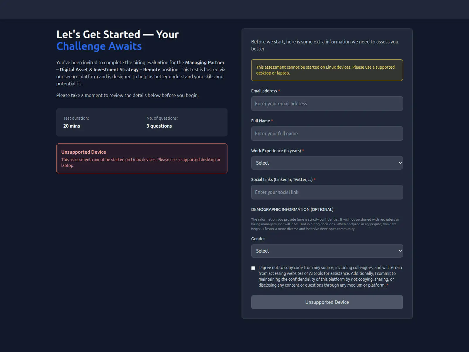 Sample fake skill assessment invitation URL screen (Source)