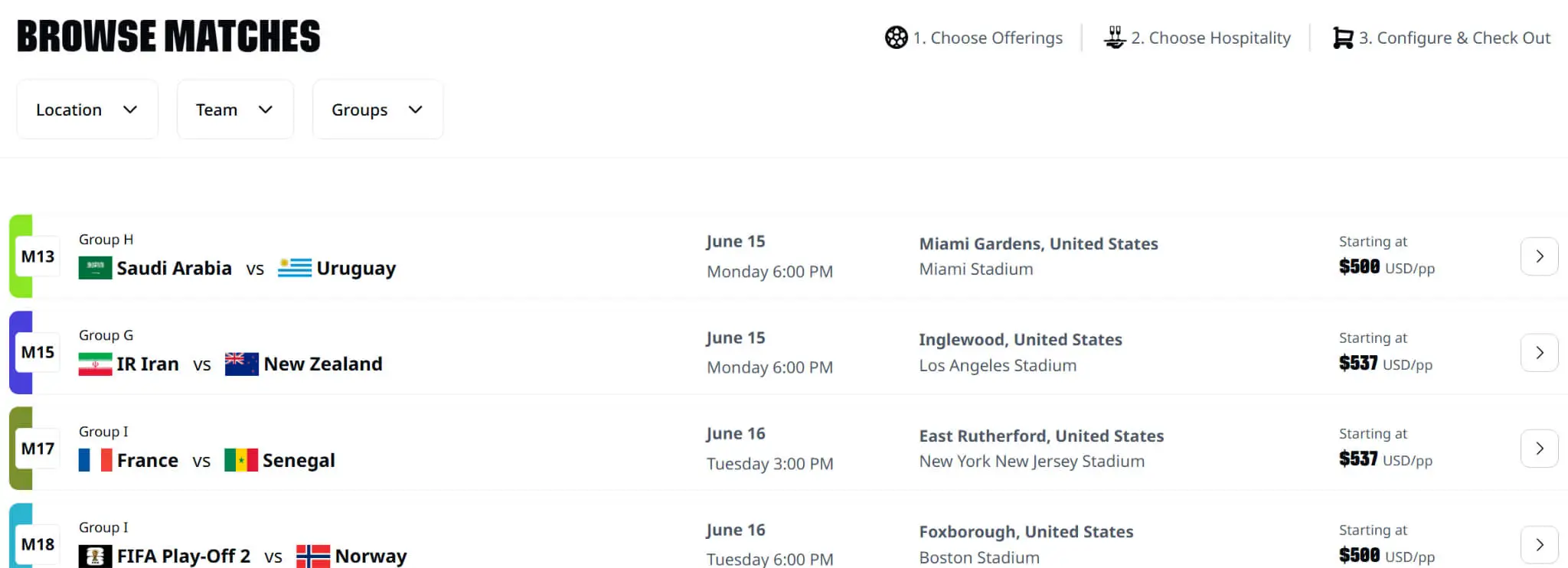 Figure 16. Fake ticket sales section on the cloned portal, listing group stage matches with per-person pricing.