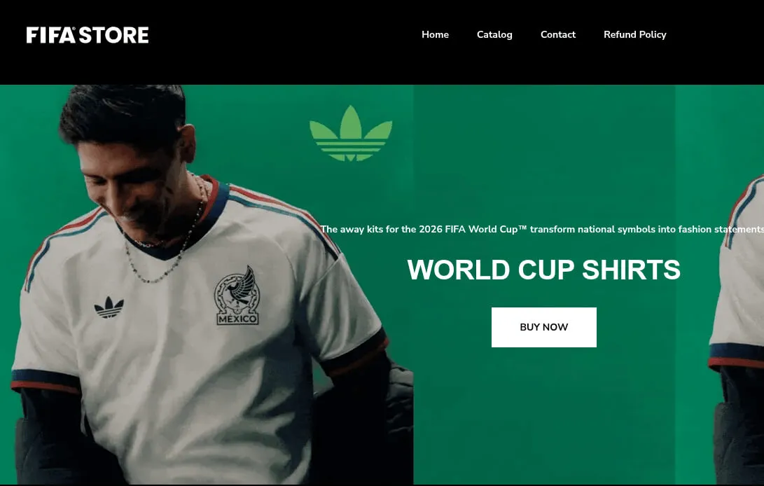Figure 7. Group B storefront (worlcupfifashop.com) built on Shopify, selling counterfeit World Cup jerseys.
