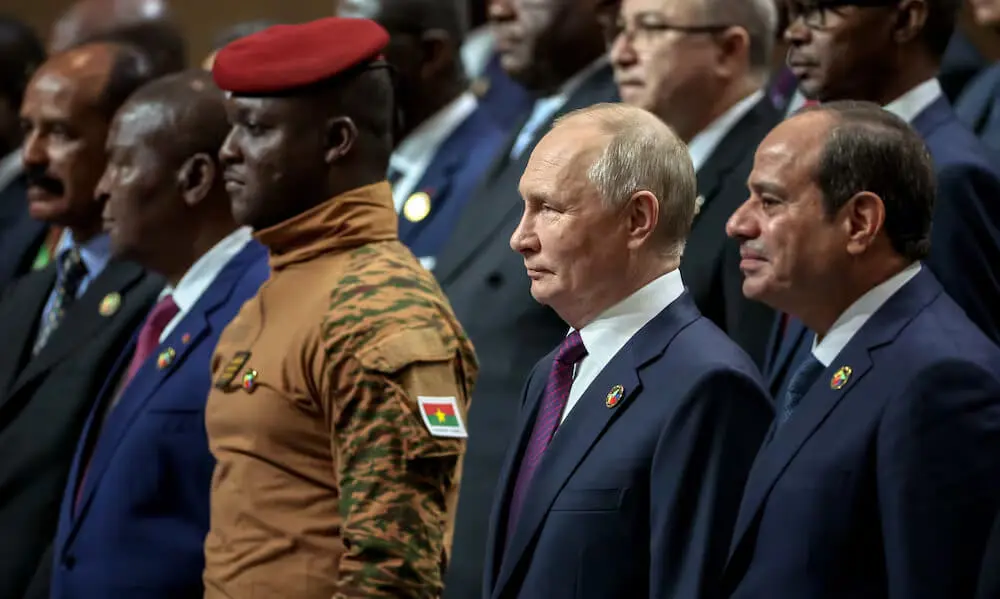Captain Ibrahim Traoré, president of Burkina Faso, and Russian leader Vladimir Putin, together with the Egyptian leader Abdel Fattah El-Sisi - Source