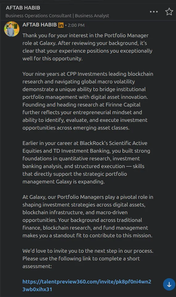 Sample message on LinkedIn sending over the skill assessment invitation URL (Source)