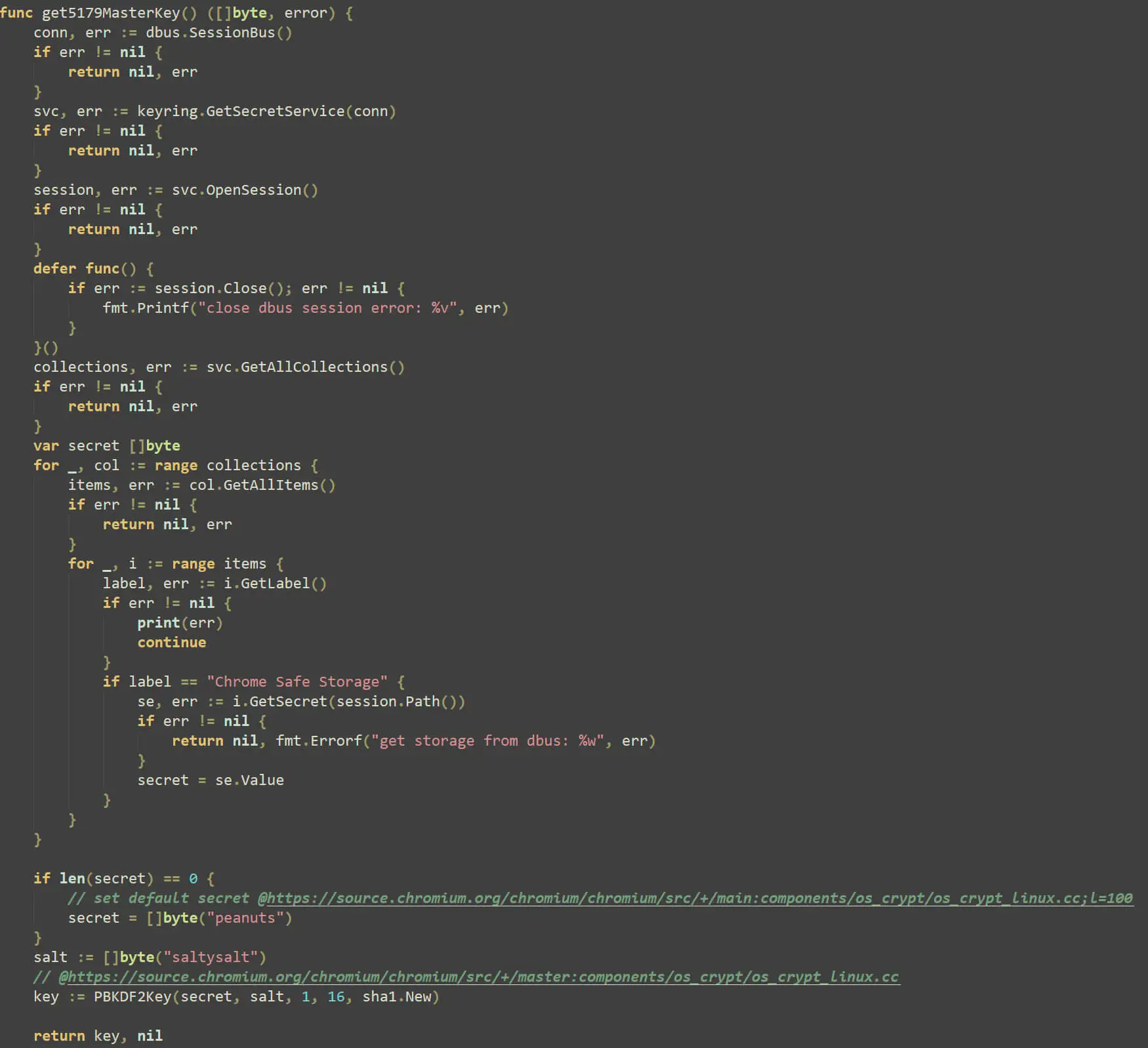 Linux D-Bus credential decryption code (chrome_cookie_other.go)