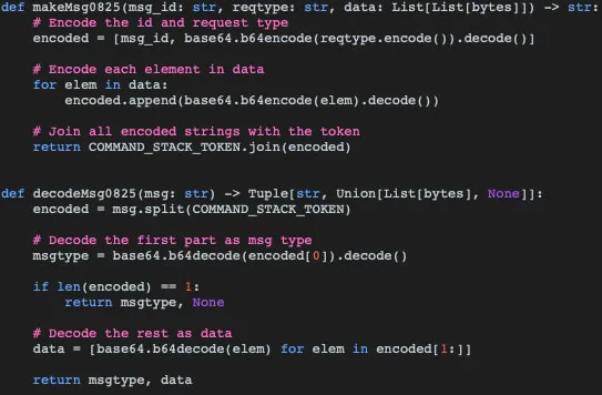 makeMsg0825 and decodeMsg0825 functions of command