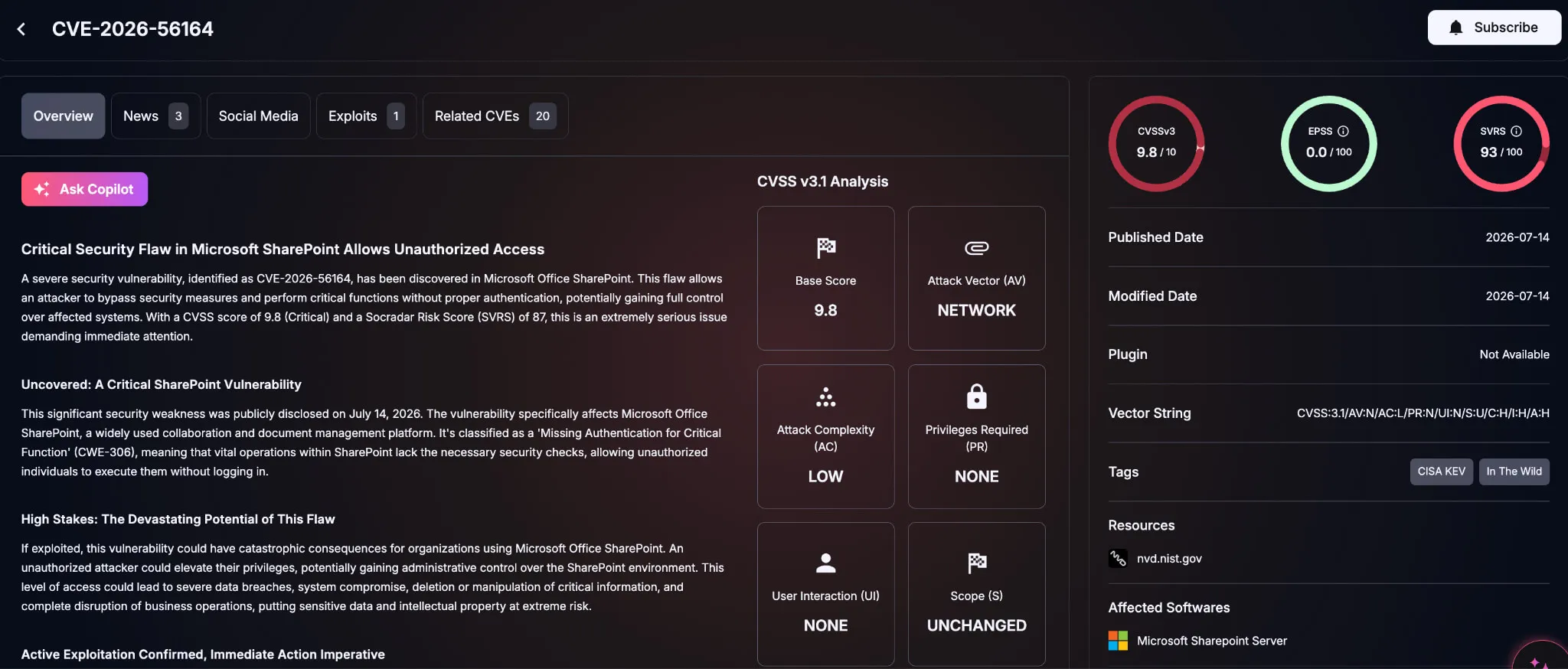 Details of CVE-2026-56164 (SOCRadar Vulnerability Intelligence)