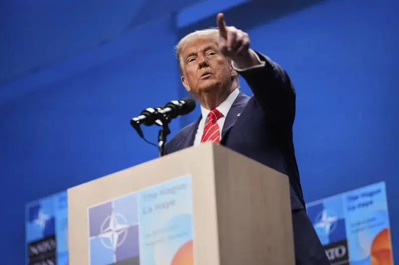 President Trump speaks during a media conference at the NATO summit in The Hague, Netherlands on June 25 - Matthias Schrader/AP