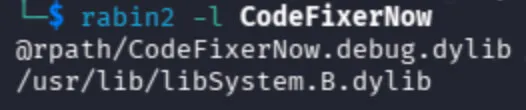 Rabin2 tool execution on CodeFixerNow.app showing loading of CodeFixerNow.debug.dylib