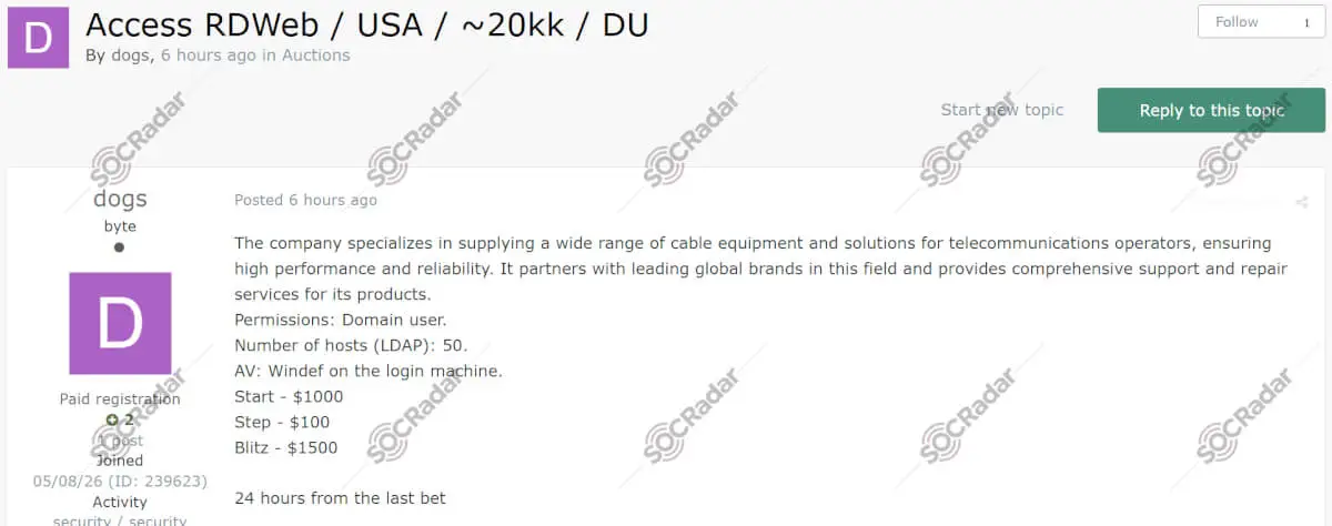 Alleged RDWeb Access to a U.S. Telecommunications Supplier is Auctioned