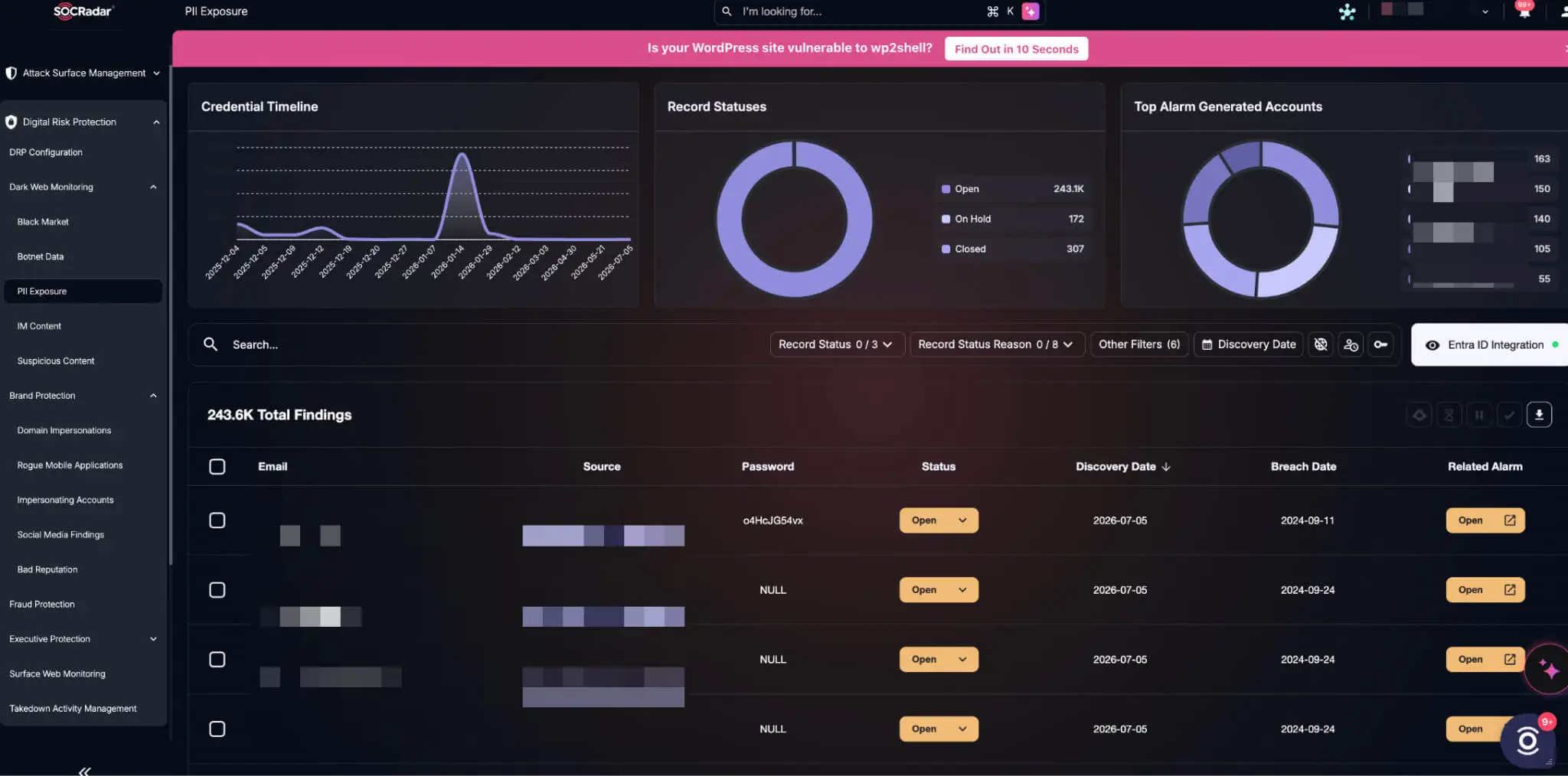 SOCRadar Dark Web Monitoring helps security teams detect exposed PII and credentials that could be used for fraud, phishing, or identity theft.