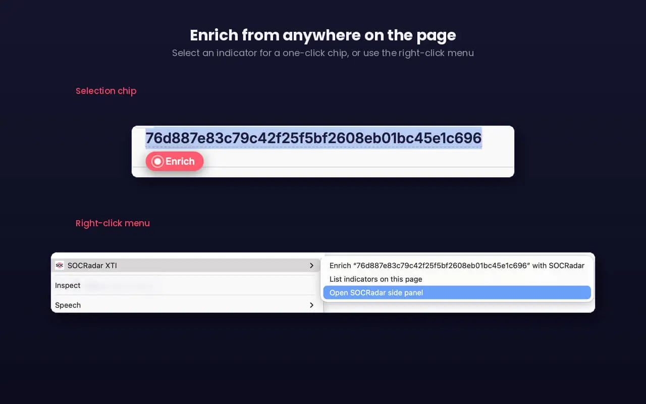 SOCRadar XTI on Google Chrome, right-click to enrich