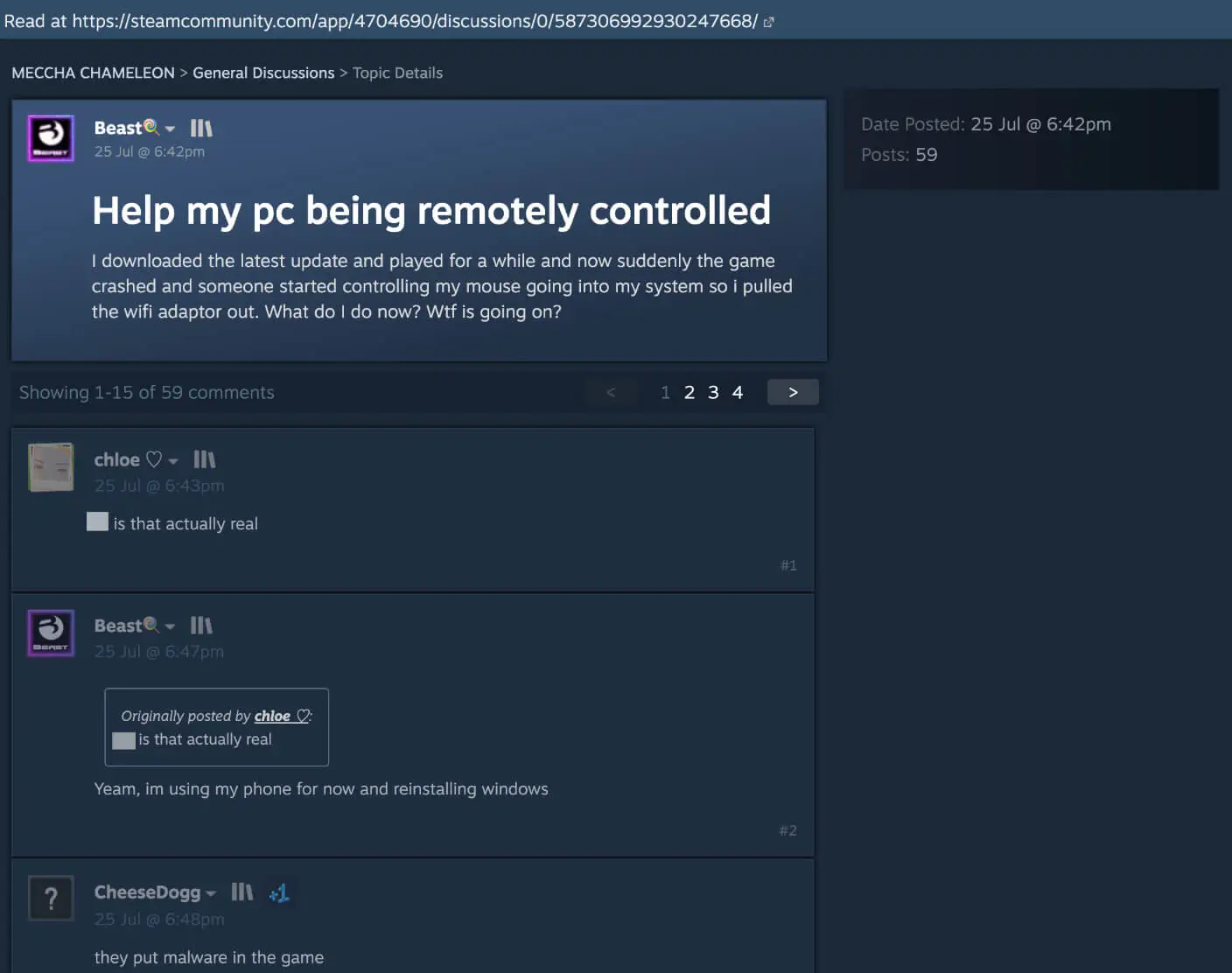 Steam community member reports suspected remote access during the Meccha Chameleon malware incident. The claim has not been independently verified.