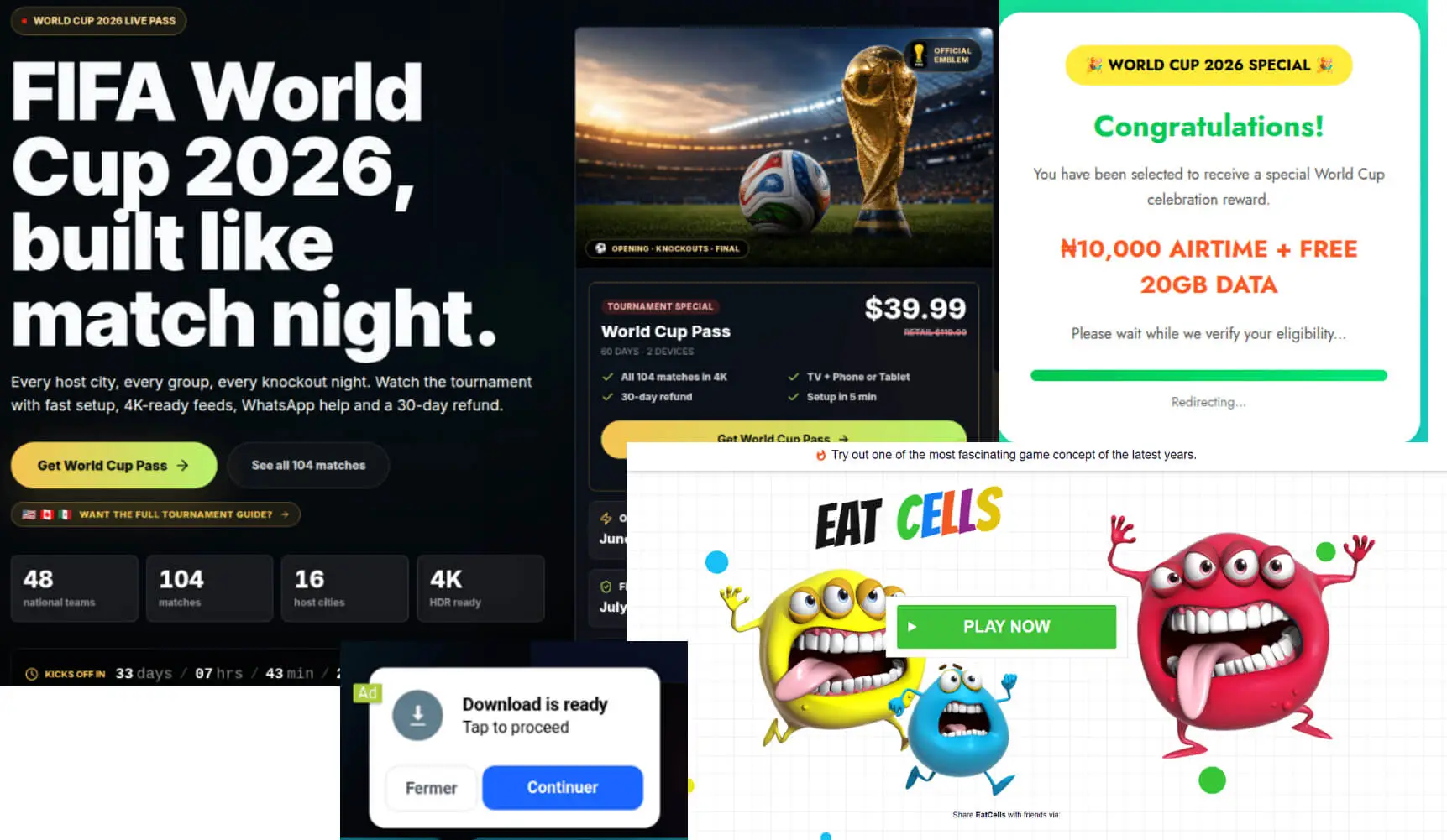 Figure 25. Streaming and giveaway lures: fake match-pass portals, an airtime and mobile data reward page targeting Nigeria, and the advertising chains they monetize.