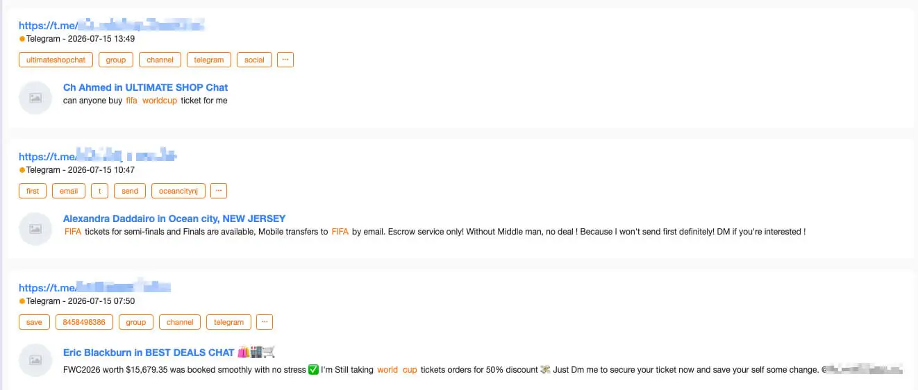 Figure 18. Telegram listings offering World Cup tickets and account transactions in SOCRadar Platform.