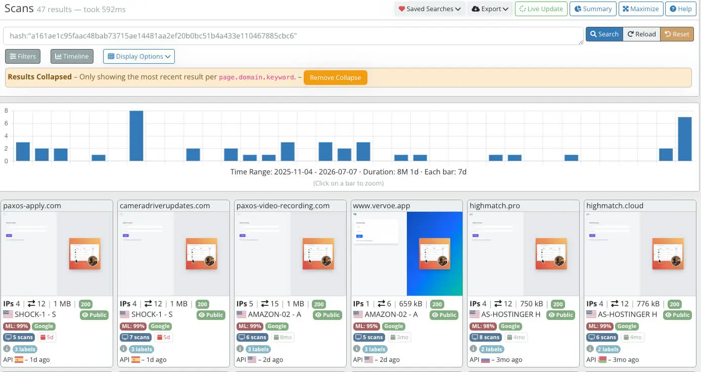 URLScan search for ClickFake Interview domains