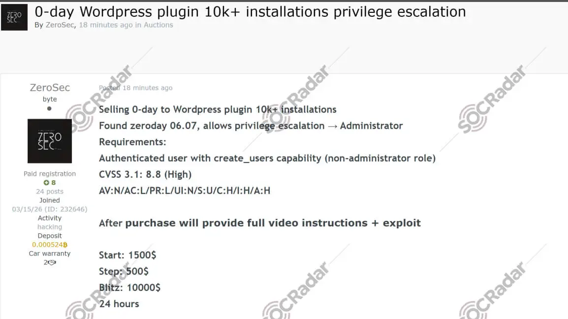 Alleged WordPress Plugin 0-Day Privilege Escalation Exploit is Offered for Sale