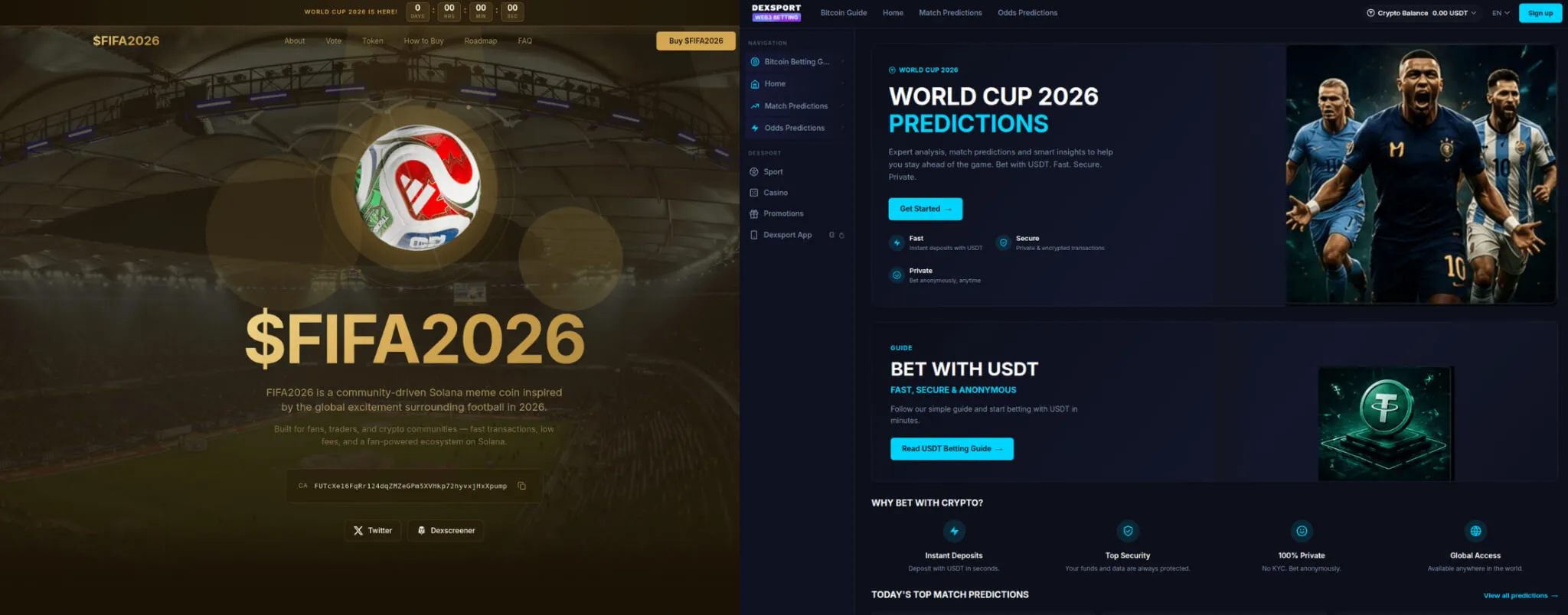 Figure 23. World Cup-themed cryptocurrency lures: the $FIFA2026 memecoin site and a crypto betting platform offering match predictions settled in USDT.