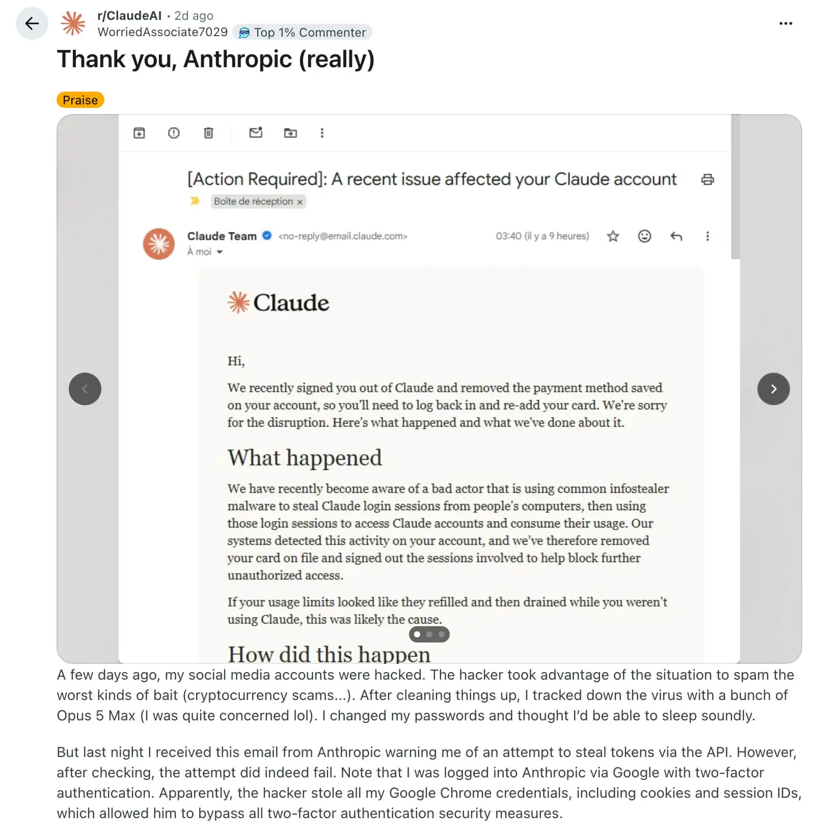 Anthropic warning shared by an affected Claude user after infostealer malware stole active login sessions. (Reddit)