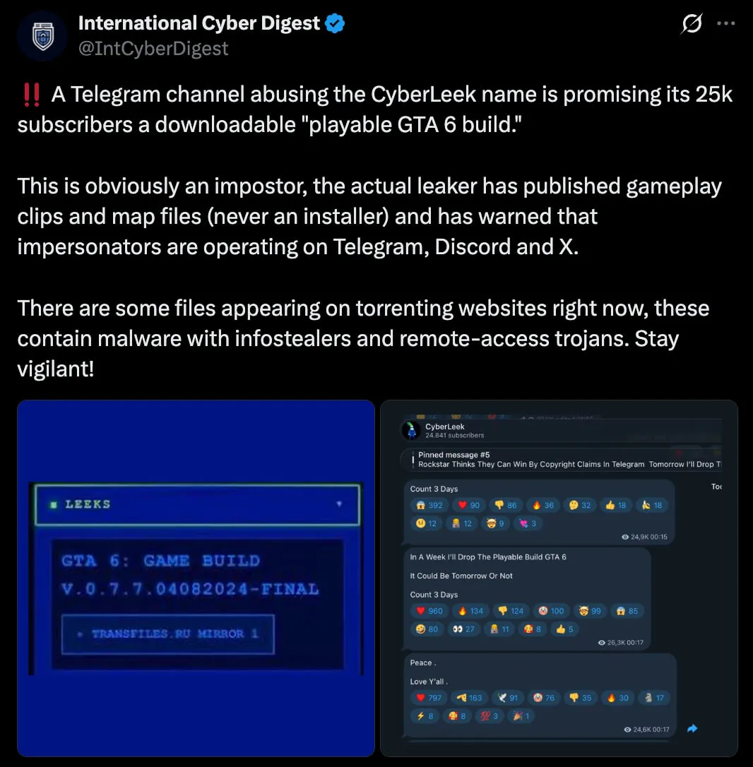 Telegram channels are impersonating CyberLeek to push a fake downloadable GTA VI build. (X)
