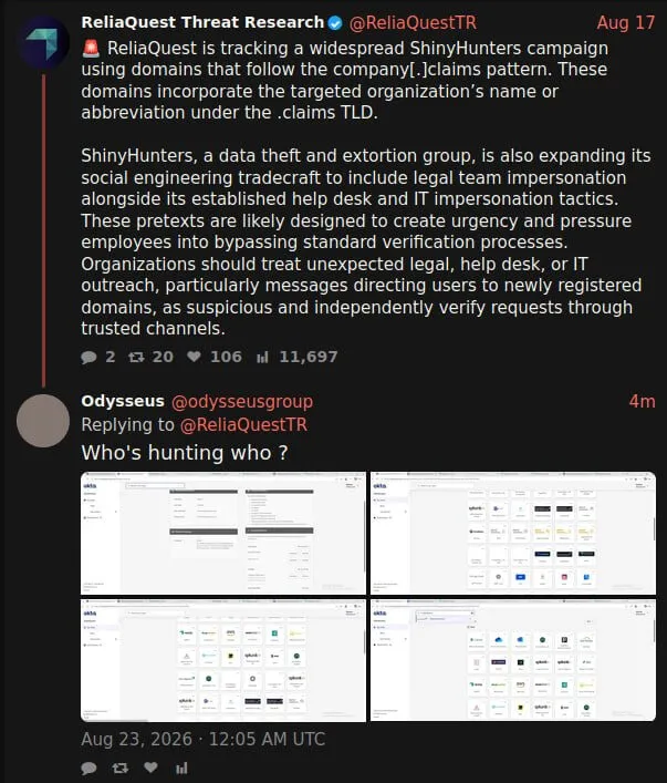 The threat actor account replies to a ReliaQuest Threat Research post regarding ShinyHunters .claims domains, driving attention to the extortion claim.