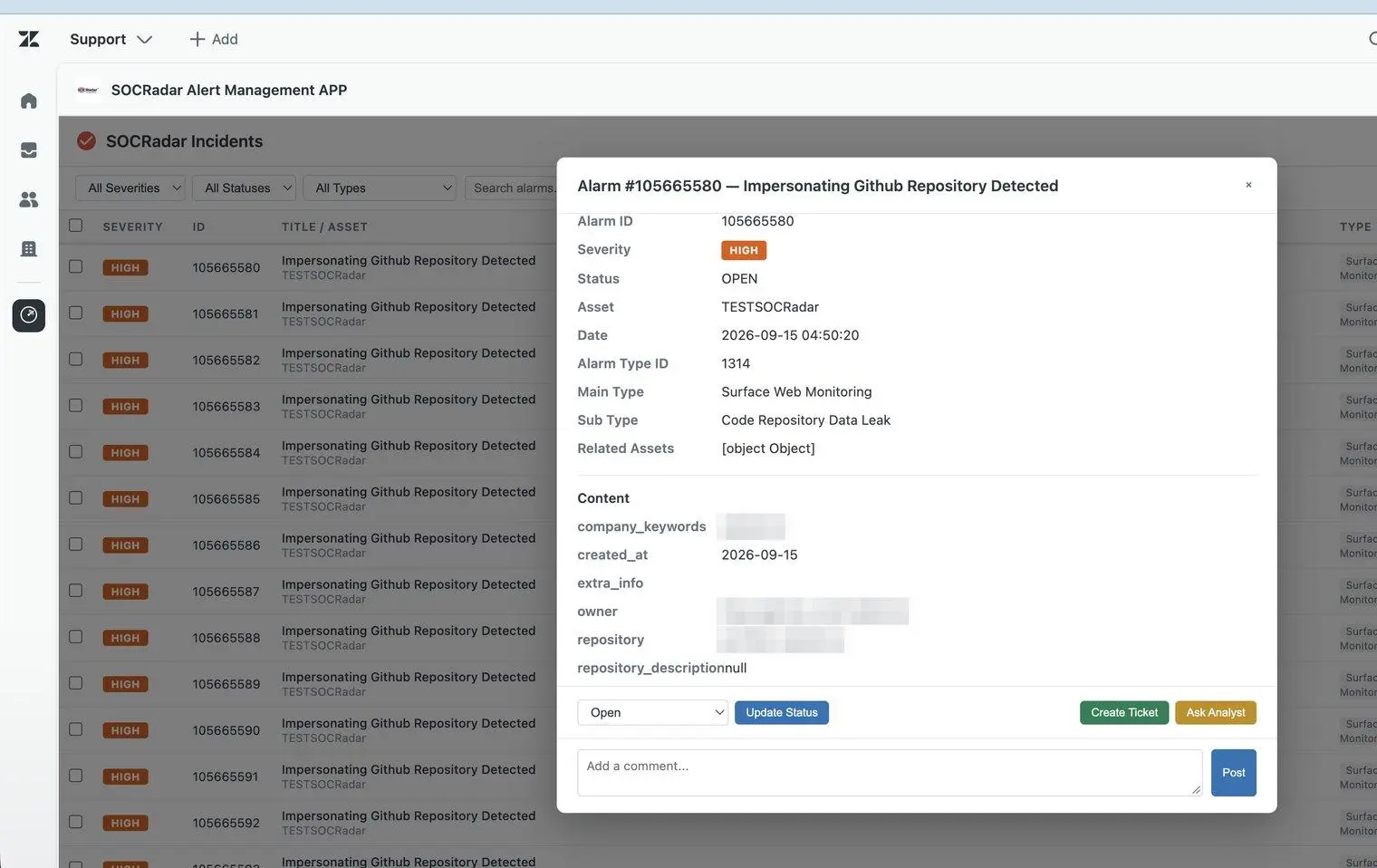 The SOCRadar alert dashboard inside Zendesk: filter and search alerts, open the details, and act without leaving Zendesk.