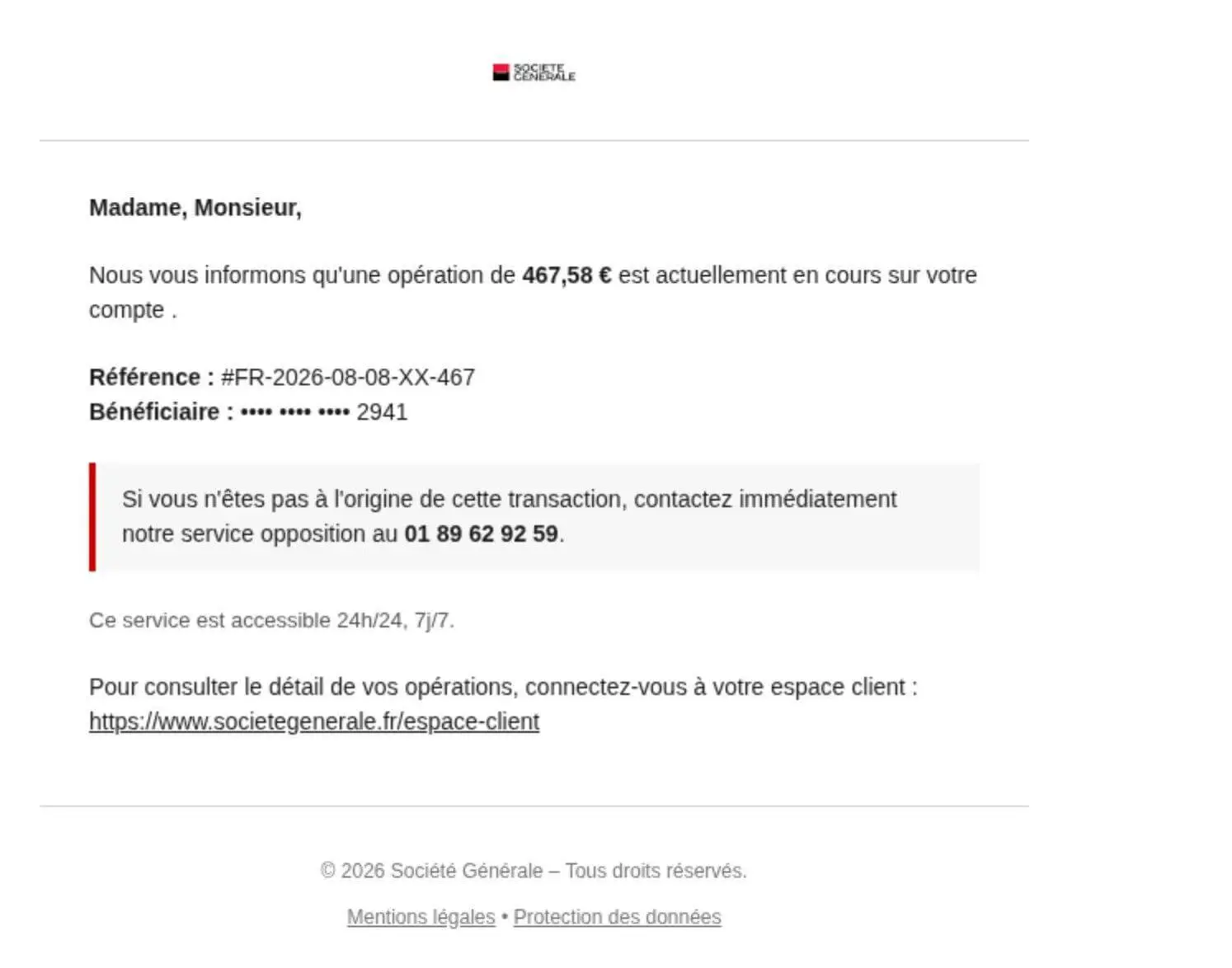 The actor's own phishing lure, sent in volume on 8 August. The only action it offers the victim is a phone number, presented as the bank's fraud line. The single genuine hyperlink points at the real bank's website, which is what makes the rest credible.