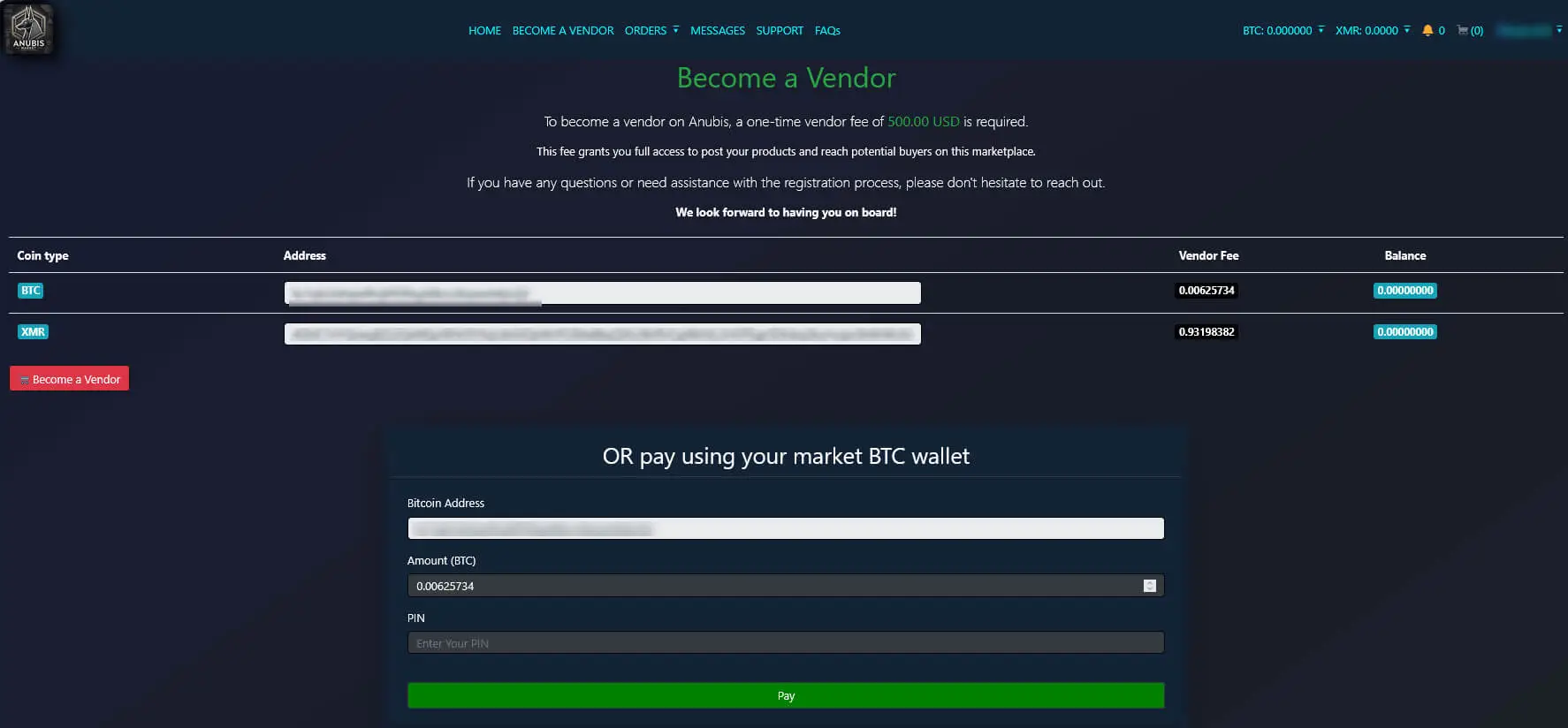 Anubis Market, Become a Vendor page
