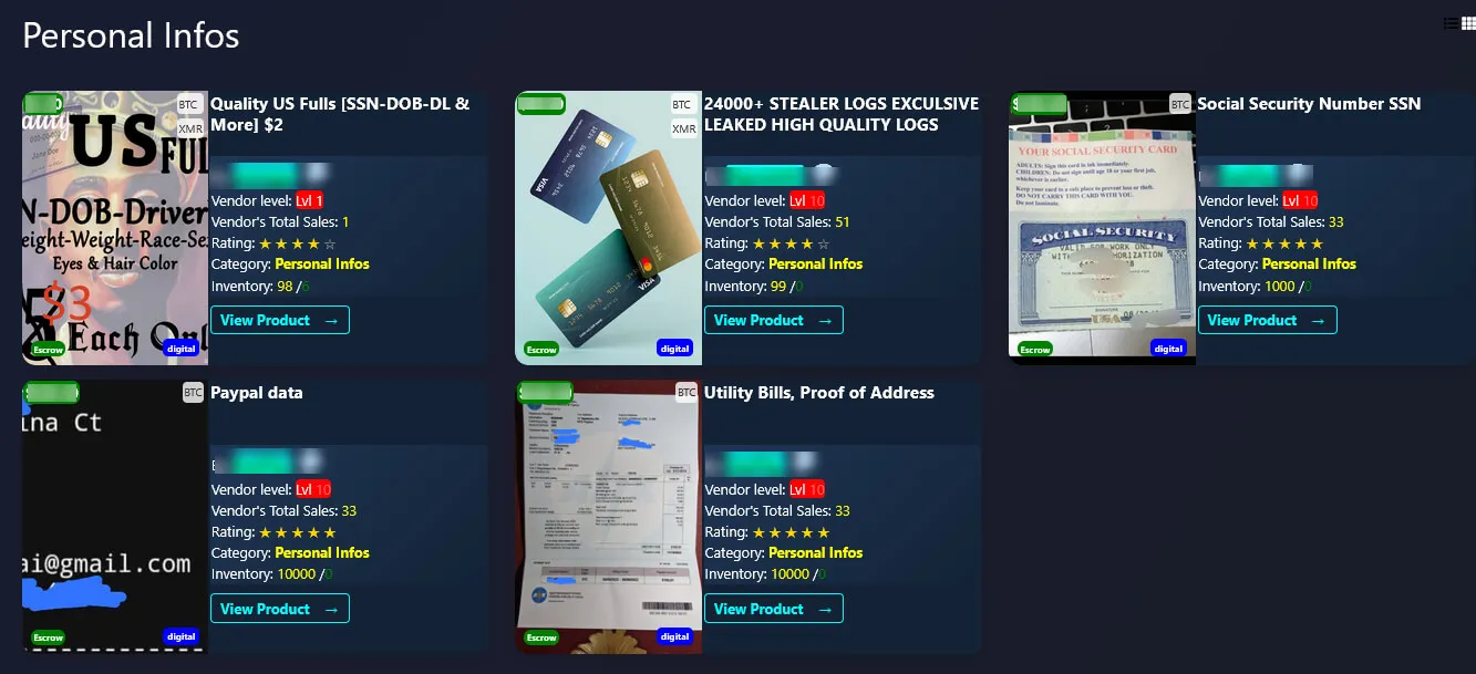 Anubis Market, Personal Infos section