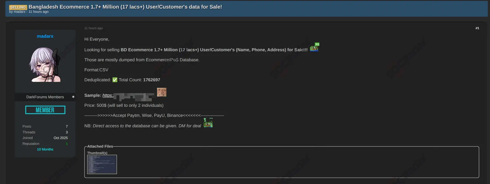 bangladeshi e commerce customer database sale detected