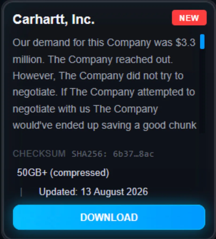 Carhartt leak listing by ShinyHunters