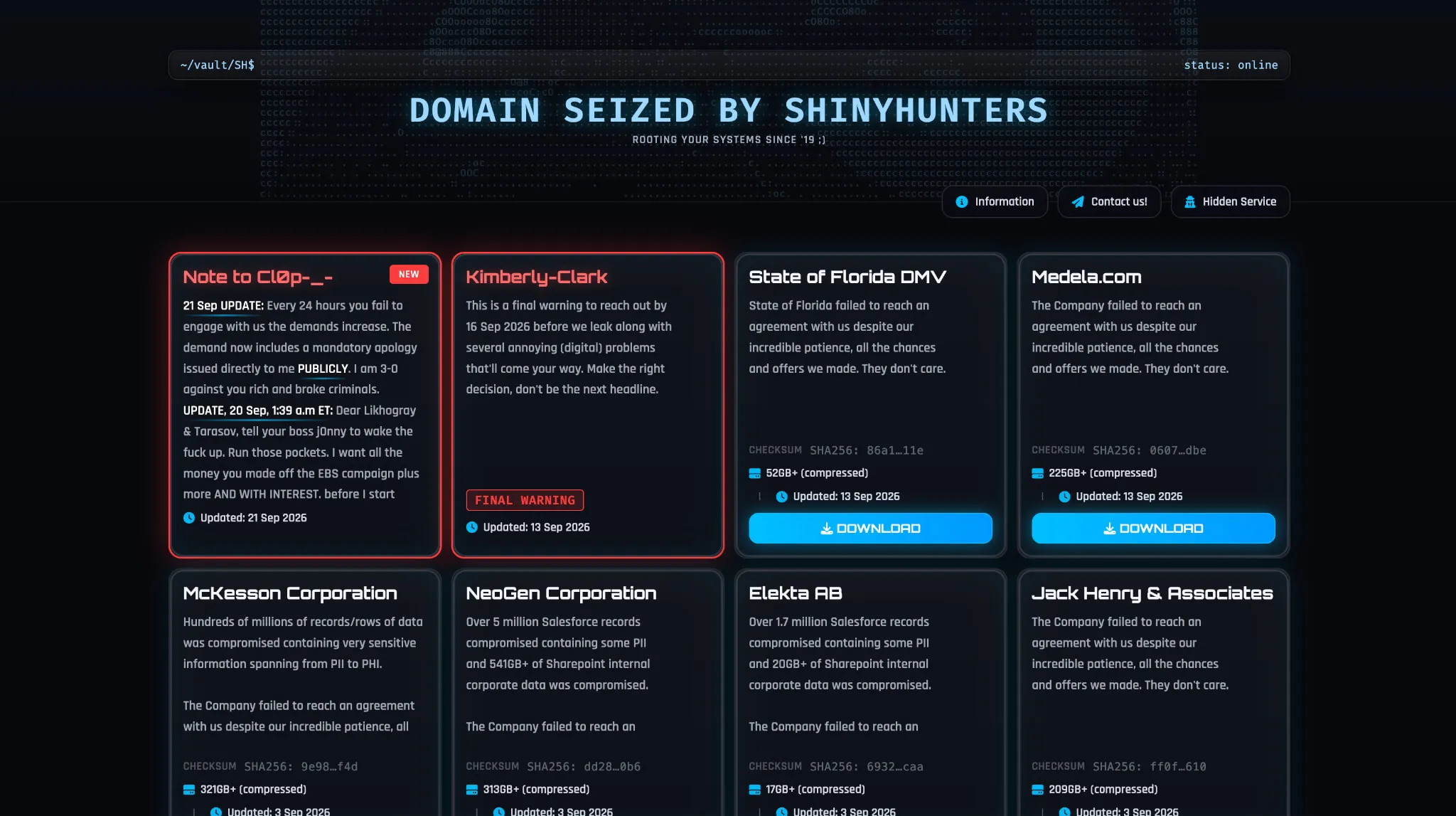 Clop's Dark Web leak site after ShinyHunters' defacement, showing the “Domain Seized” banner above Clop's original list of extortion targets.